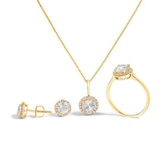 House of Brilliance 10K Gold Gemstone and 3/8 Cttw Diamond Halo Jewelry Set in Yellow | White Topaz at Nordstrom