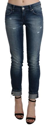 Acht Katoen Blauwe Gewassen Lage Taille Skinny Gekorte Jeans