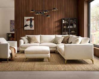 Castlery Lena L-Shape Sectional Sofa with Ottoman, Cream, Brass Legs, Spill-Resistant, Removable Covers for Living Room