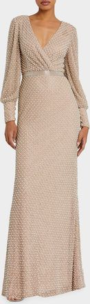 Mac Duggal Pearl-Embellished Long-Sleeve Gown