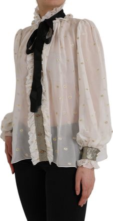 Dolce & Gabbana Womens Off White Silk Blend Ascot Collar Blouse Top Polyester
