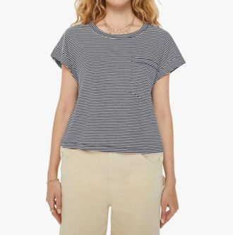Mother The Keep On Rolling Pocket Tee In Cream & Navy Stripe