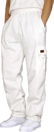 Generic Winter Trousers for Men UK Cargo Sweatpants Plus Size Fleece Lined Tracksuit Bottoms Loose Fit Elasticated Waist Jogging Bottoms with Pockets White