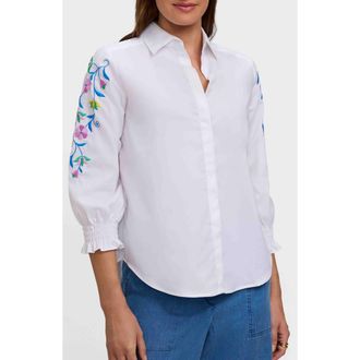 Foxcroft Olivia Embroidered Sleeve Stretch Cotton Blend Button-Up Shirt in White at Nordstrom, Size X-Large