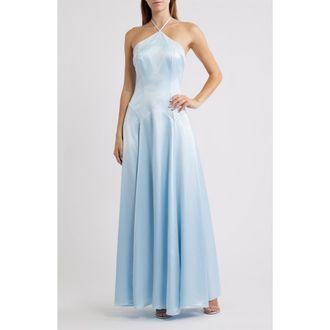 House of CB Avelina Halter Neck Godet Satin Maxi Gown in Blue at Nordstrom, Size X-Large