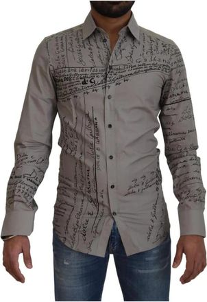 Dolce & Gabbana Grijze Katoenen Logo Overhemd - Heren - Casual Overhemden - Grijs - XS - Katoen - Overhemden