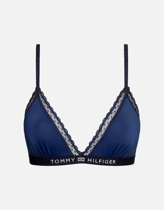 Tommy Hilfiger Womens TH Tonal Logo Lace Unlined Triangle Bra, Navy - Size: XL