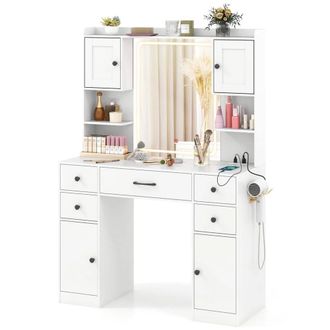 Costway Costway Makeup Vanity Desk Dressing Table w/Charging Station& Mirror in White