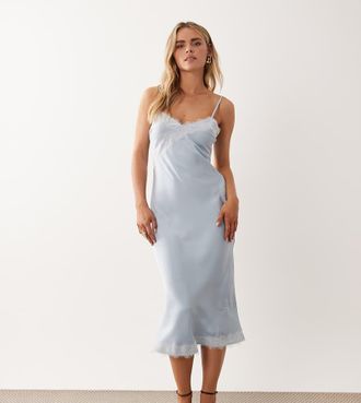 New Look Petite Vestito midi in raso blu con spalline sottili e pizzo a contrasto