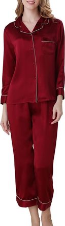 Dissa Women Burgundy Plain 100% Silk Pajama Set Top and Capri Pants Sleepwear 19 Momme Silk Long Sleeve Sleepwear,XXL,T8002