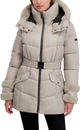 Shelli Segal Petal Faux Fur Trim Hooded Puffer Jacket in Opal Grey at Nordstrom Rack, Size X-Small