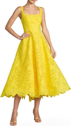 Mac Duggal Sleeveless Lace Scoop Neck Midi Dress with Pockets in Buttercup at Nordstrom, Size 10