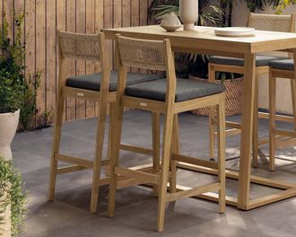 Castlery Rio Outdoor Teak Bar Stool Set of 2, Slate, Treated Solid Teak Wood, Durable, Yellow