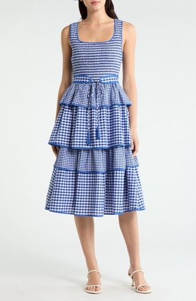 Sugarlips Vanna Gingham Tiered Midi Dress in Blue White at Nordstrom, Size X-Small