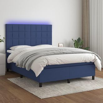 vidaXL Cama Box Spring Colch&oacute;n Y Luces Led Tela Azul 140x190 Cm Vidaxl