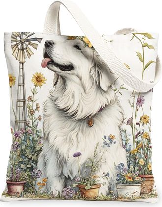 Generic Spring Great Pyrenees Dog Canvas Tote Bag for Shopping 13x15, Farmhouse Country Puppy Reusable Grocery Print Bag for Women, Farm Pet Beach Aesthetic P