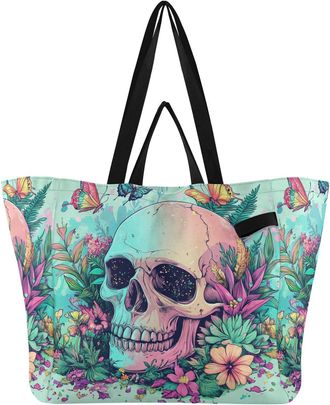 Generic Skull Butterfly Teal print Reusable Canvas Tote Bag, Heavy Duty Grocery Shopping Bag with Double Handles Large Capacity Hard Bottom Work Groceries Tra