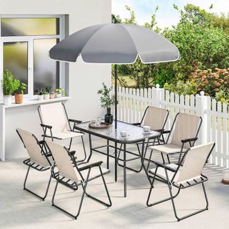 OUTSUNNY 8 Piece Garden Dining Set with 6 Folding Chairs & Umbrella in Cream