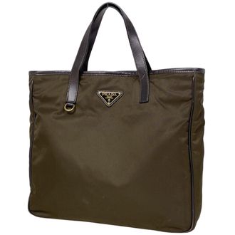 Prada Green Khaki Nylon Leather Handbag Tote Bag (Pre-Owned)