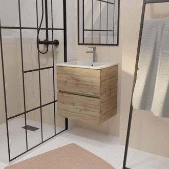 Aurlane Mobile da bagno 50 cm Decor Rovere Naturale con 2 cassetti e Lavabo in ceramica bianca
