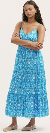 Finery Emmie Cotton Strappy Midi Tiered Dress in Blue Woodblock at Nordstrom, Size 10