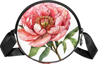 Generic Circle Crossbody Bag for Women, Peony Flower Small Sling Bag Daypack with Zipper Adjustable Shoulder Straps Casual Ladies Girls Round Purse