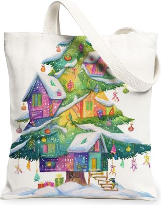 Generic Christmas Tree Canvas Tote Bags, Colorful House Pattern Reusable Grocery Bags, Winter Lightweight Washable Shoulder Strap F, White, 13x15 Inch