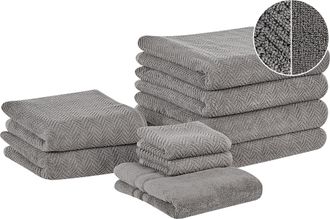 Beliani Conjunto De 9 Toallas De Algod&oacute;n Gris Patr&oacute;n Chevron Textura Suave Ba&ntilde;o Mitiaro