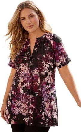 Roaman's Plus Size Angelina Crinkle Crepe Y-Neck Short Sleeve Tunic in Black Berry Garden at Nordstrom, Size 38
