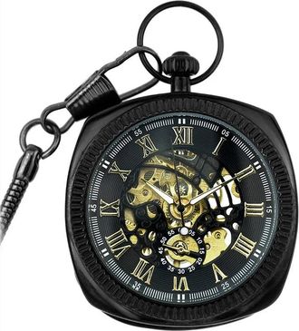 TruClothing Mechanical Skeleton Open Face Square Pocket Watch With Chain