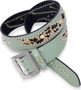 mnml Leopard Stud Leather Belt in Sage/cheetah at Nordstrom, Size Small/medium