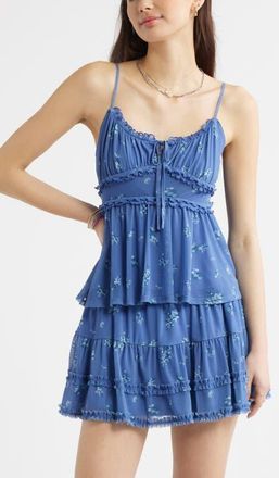 BP. Floral Mesh Ruffle Trim Camisole in Blue Colony Meadow Clusters at Nordstrom, Size Xx-Small