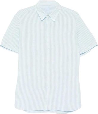 120% Lino Gestreepte Linnen Korte Mouw Button-Up Shirt - Heren - Korte mouwen Overhemden - Blauw - S - Linnen - Overhemden