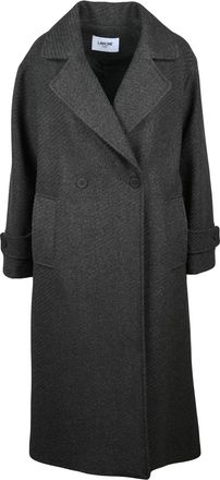 La Kore Dark Grey Double-Breasted Wool-Blend Long Coat