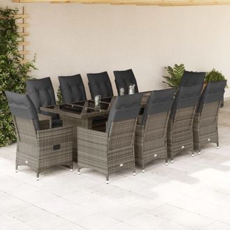vidaXL Set De Mesa Y Sillas De Jard&iacute;n 11 Pzas Y Cojines Rat&aacute;n Pe Gris Vidaxl