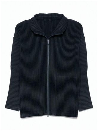 Homme Plissé Issey Miyake Textured Zip-Up Hooded Sweatshirt With Vertical Pleats