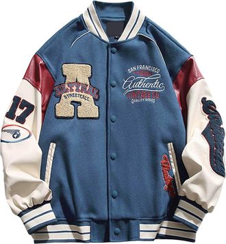 Generic Men Varsity Jacket Color Block Letter Print College Baseball Jackets Vintage Outwear with Pockets Unisex Coat Patchwork Top Fall Bomber Biker Jacket O