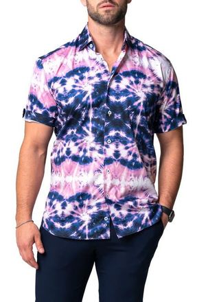 Maceoo Galileo Tie Dye Stars Short Sleeve Cotton Button-Up Shirt in Blue at Nordstrom, Size 3