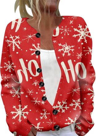 Generic Womens Cardigans Christmas Snowflkae Print Cardigan Sweaters for Fall Casual Button Down Knit Coats Vintage Cable-Knit Sweater Sweet Gentle Womens Car