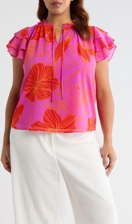 Sugarlips Blakely Floral Donis Split Neck Top in Orange-Pink-Multi at Nordstrom, Size 3 X