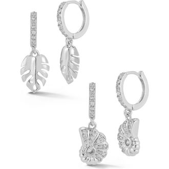 Glaze Jewelry Set of 2 Leaf & Shell Drop Huggie Hoop Earrings in Silver at Nordstrom Rack