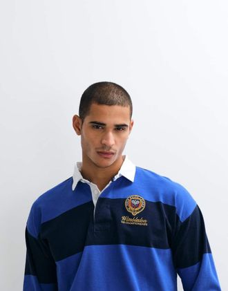 Polo Ralph Lauren Wimbledon Capsule - Polo stile rugby blu navy a righe larghe con logo e stemma