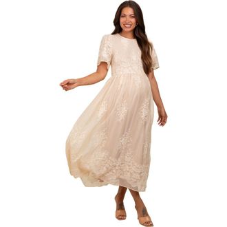 Pinkblush Embroidered Smocked Midi Dress in Cream at Nordstrom, Size Small