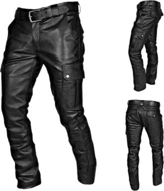 Generic Mens Punk Rock Trousers Faux Leather Cargo Pants for Men Straight Leg Stretch Motorcycle Biker Pants Fashion Punk Retro Goth Hip Hop Trousers Tactical