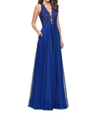 La Femme Scalloped Plunging Lace Chiffon Maxi Dress In Marine Blue