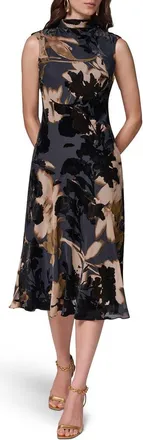 DKNY Floral Velvet Burnout Midi Dress in Espresso Multi at Nordstrom, Size 10
