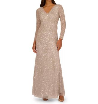 Adrianna Papell Long-Sleeve Beaded Evening Gown In Marble