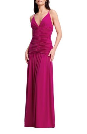 Dress The Population Elora Ruched Plunge Neck Gown in Dark Fuchsia at Nordstrom, Size Xx-Large