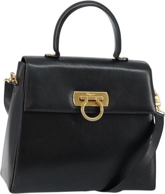 Ferragamo Gancini Convertible Top Handle Bag Leather Black Leather Handbag (Pre-Owned)