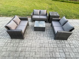 Fimous 6 Seater Rattan Wicker Garden Furniture Patio Conservatory Sofa Set with Square Coffee Table Double Seat Sofa Side Table in Dark Grey
